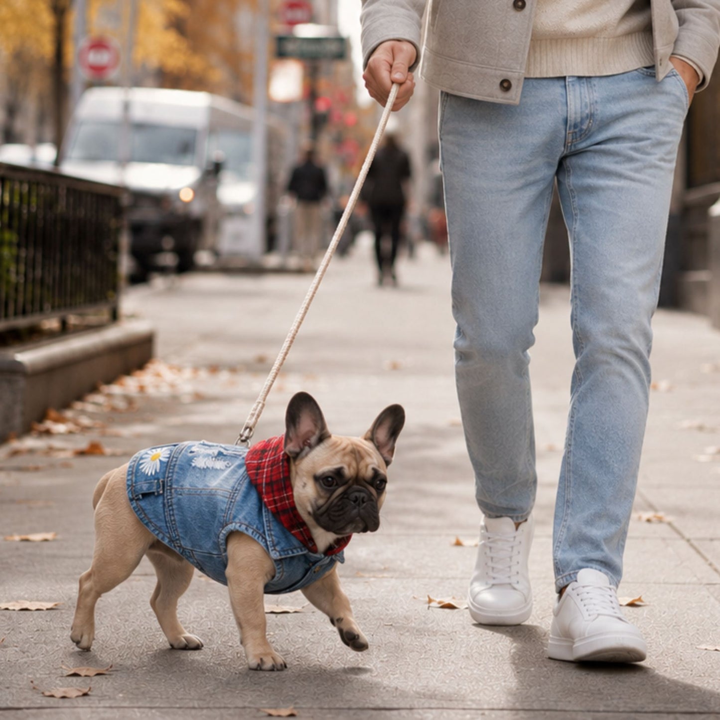 Blue Denim Dog Jacket with Red Plaid Hood and Daisy Embroidery – Small Dog Vest