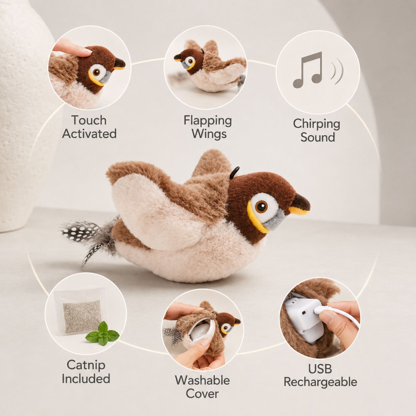 Rechargeable Flapping Bird Cat Toy with Chirping Sound and Touch Activation