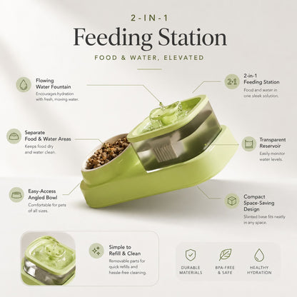 2-in-1 Cat Water Fountain and Food Bowl Feeding Station
