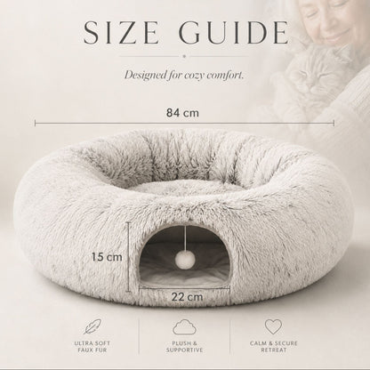 2-in-1 Plush Cat Tunnel Bed with Cave and Hanging Toy