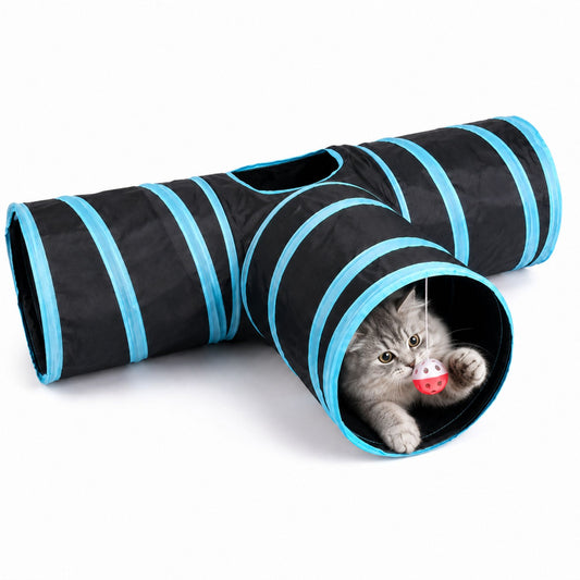 3-Way Foldable Cat Tunnel with Peek Hole and Hanging Ball Toy for Indoor Cats and Kittens