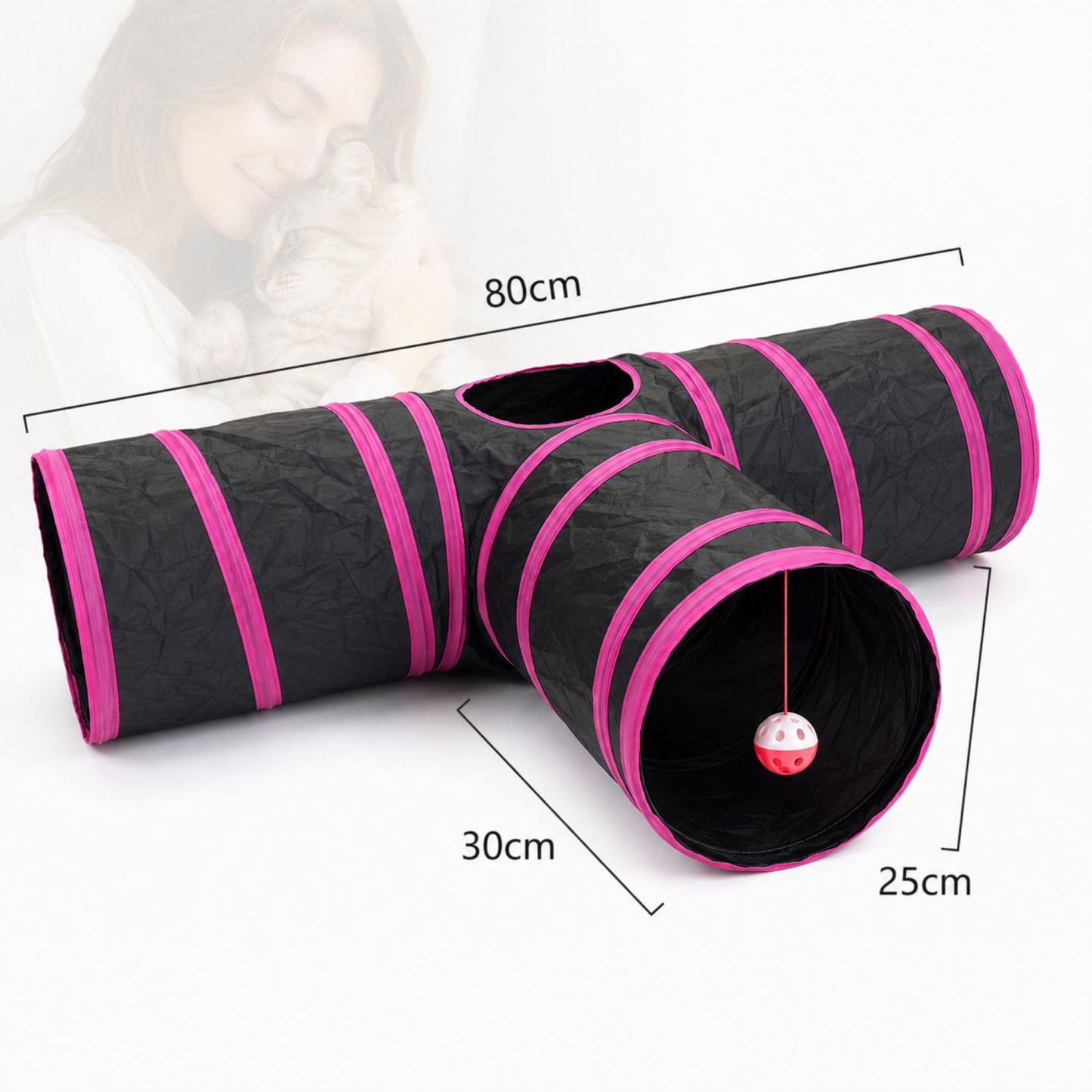 3-Way Foldable Cat Tunnel with Peek Hole and Hanging Ball Toy for Indoor Cats and Kittens