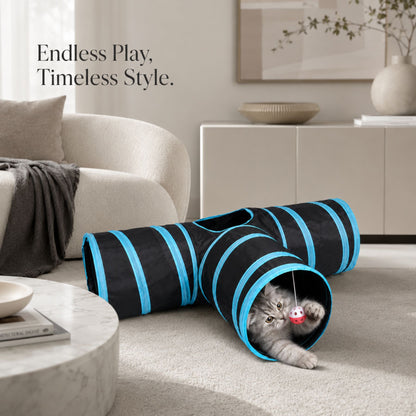 3-Way Foldable Cat Tunnel with Peek Hole and Hanging Ball Toy for Indoor Cats and Kittens