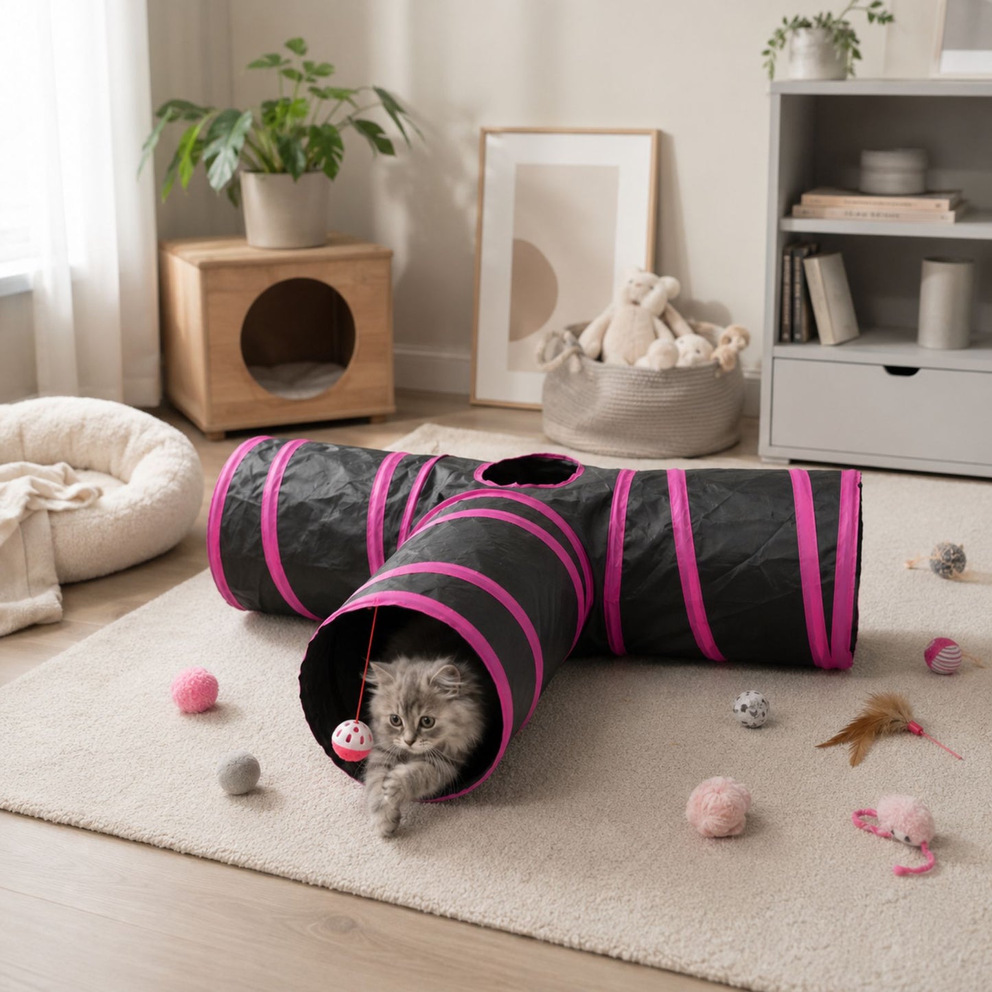 3-Way Foldable Cat Tunnel with Peek Hole and Hanging Ball Toy for Indoor Cats and Kittens