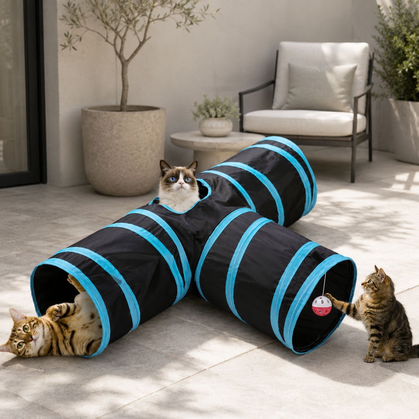3-Way Foldable Cat Tunnel with Peek Hole and Hanging Ball Toy for Indoor Cats and Kittens