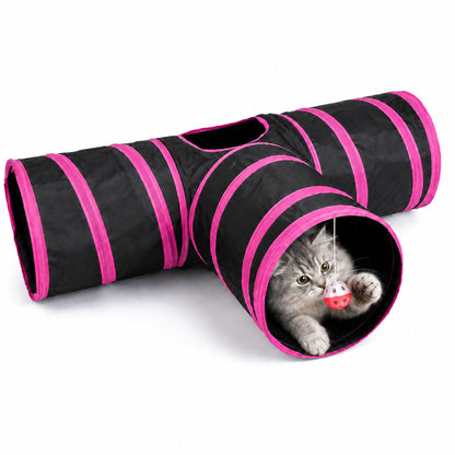 3-Way Foldable Cat Tunnel with Peek Hole and Hanging Ball Toy for Indoor Cats and Kittens