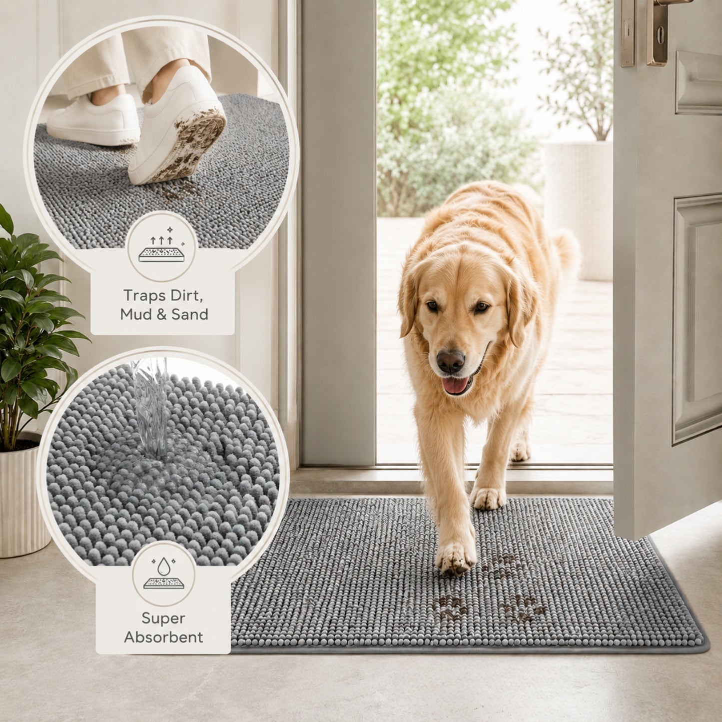 Absorbent Microfiber Dog Door Mat for Muddy Paws – Grey Washable Non-Slip Pet Mat