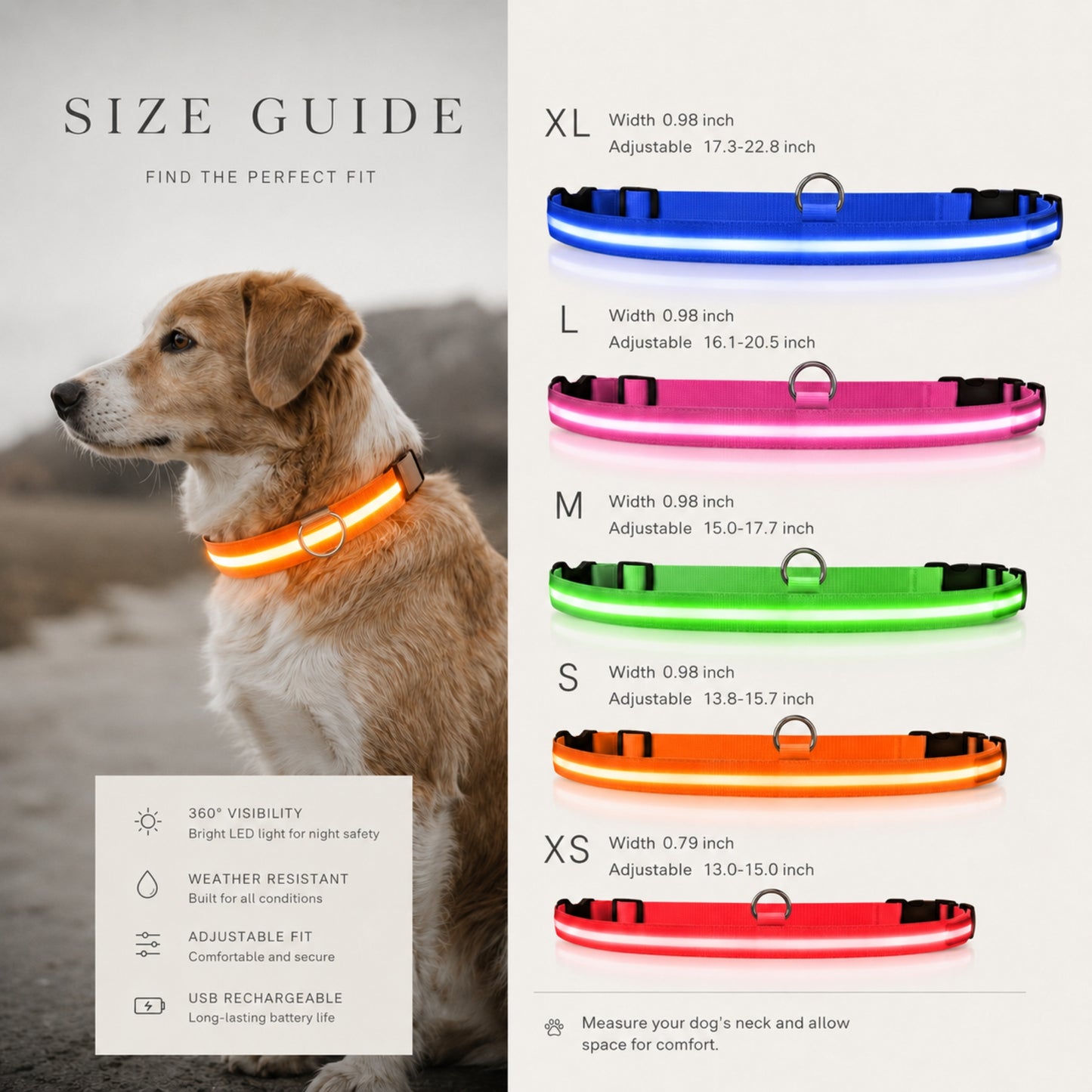 Adjustable LED Dog Collar – Nylon Light-Up Glow Collar for Night Walks