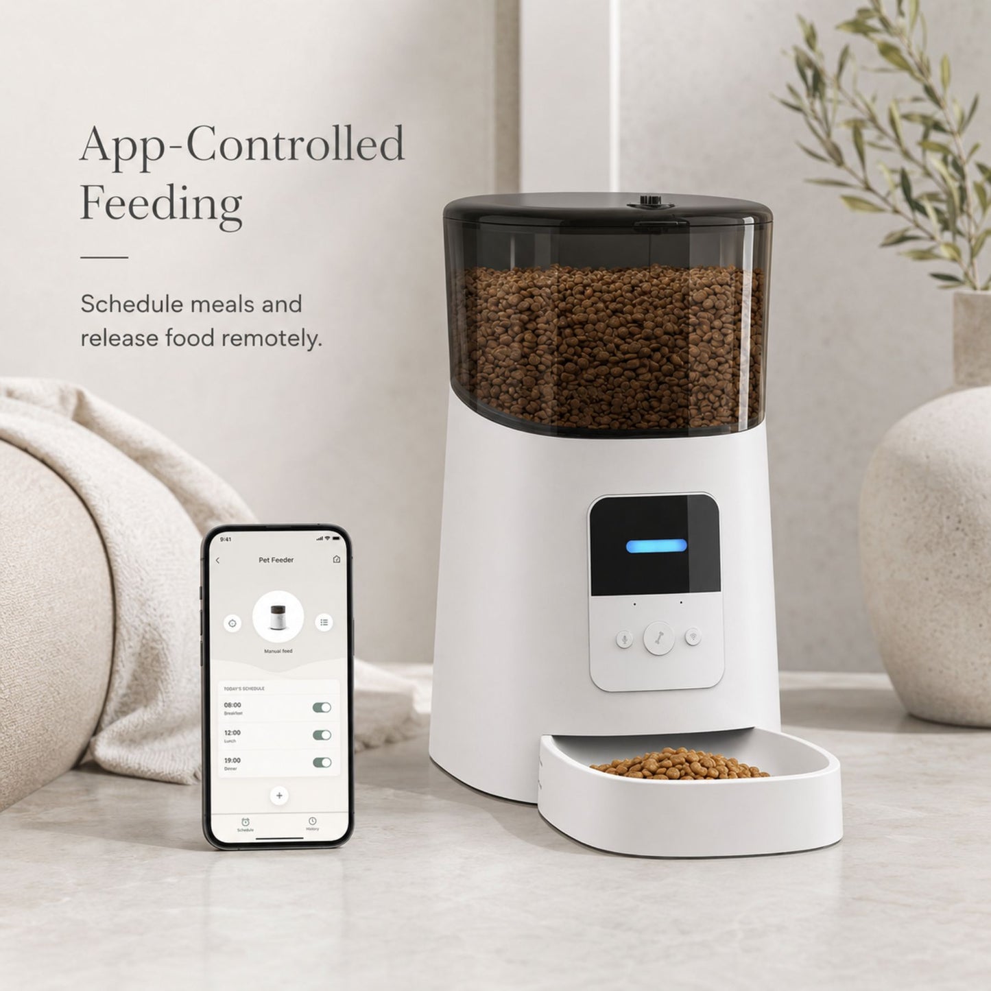 Automatic Smart Pet Feeder for Cats & Dogs with WiFi App Control, Timed Meals, Portion Scheduling and Voice Recording