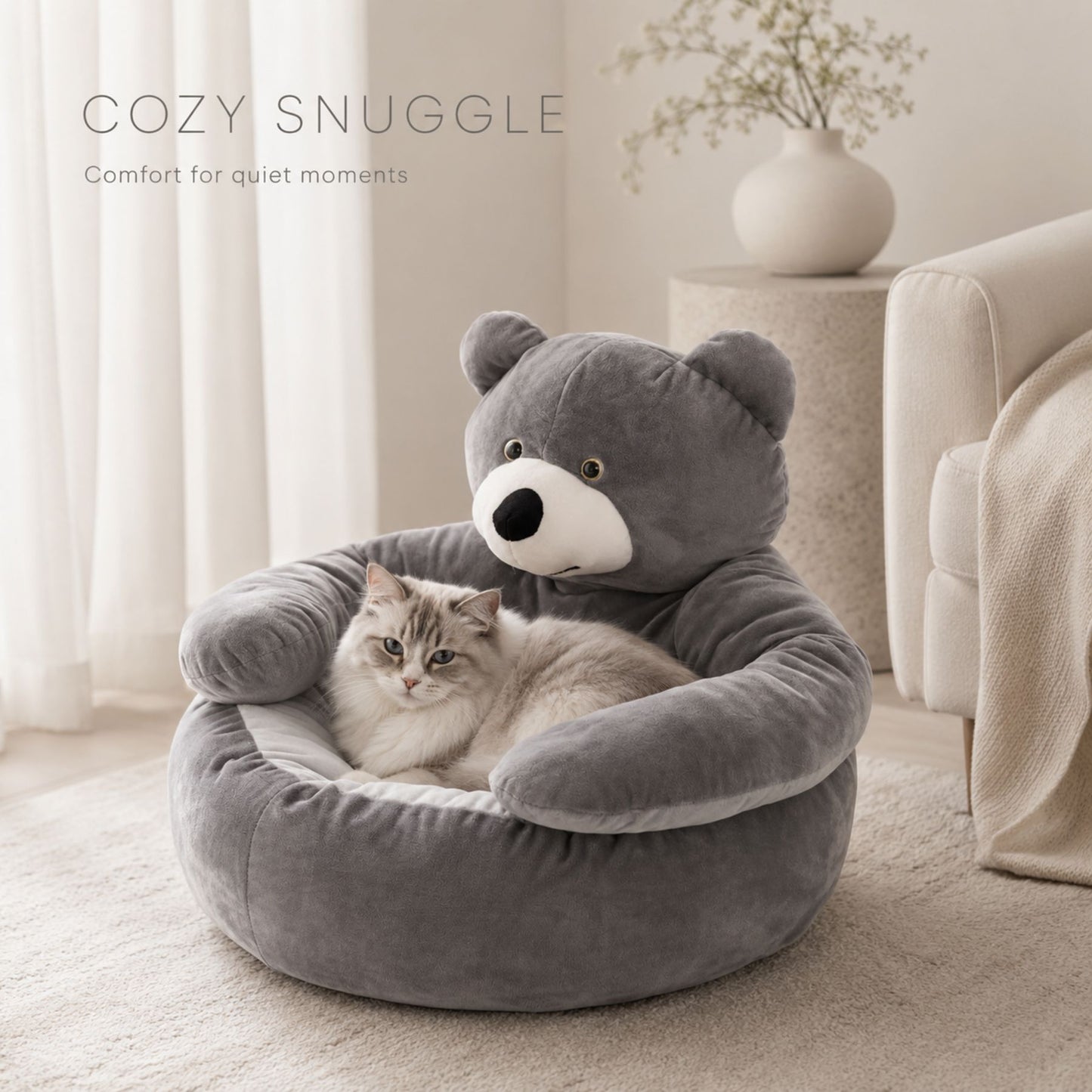 Bear-Shaped Plush Cat Bed and Small Dog Sofa with Removable Cushion