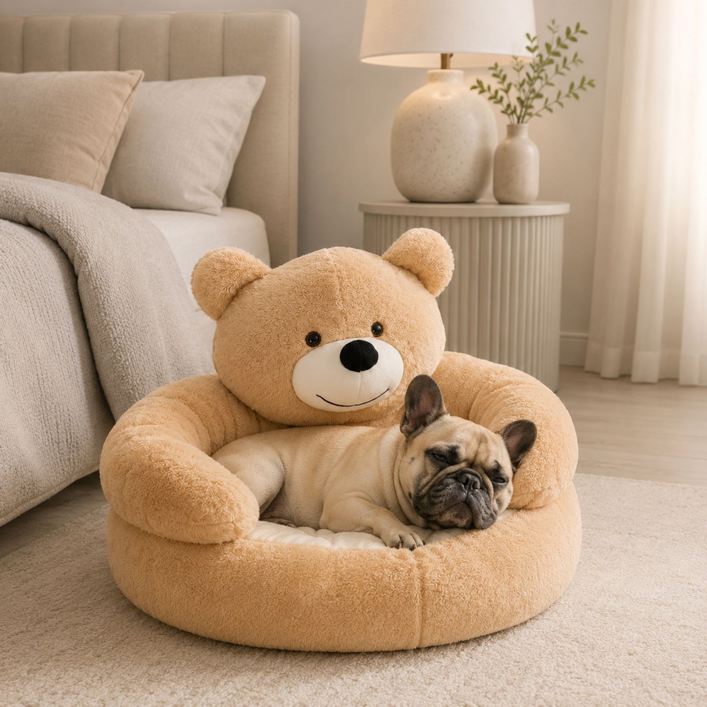 Bear-Shaped Plush Cat Bed and Small Dog Sofa with Removable Cushion