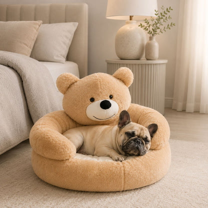Bear-Shaped Plush Cat Bed and Small Dog Sofa with Removable Cushion