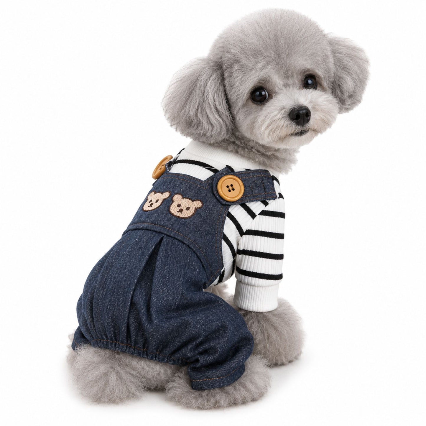 Bear Embroidered Denim Dog Overalls with Striped Shirt and D-Ring