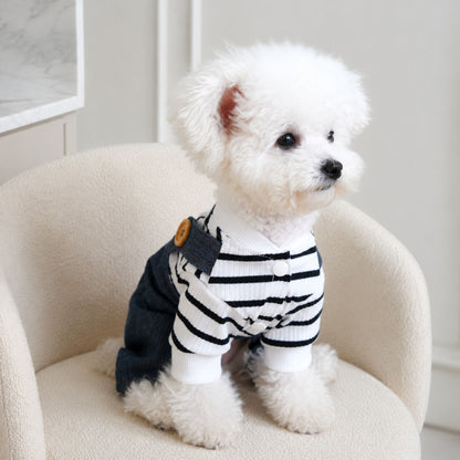 Bear Embroidered Denim Dog Overalls with Striped Shirt and D-Ring