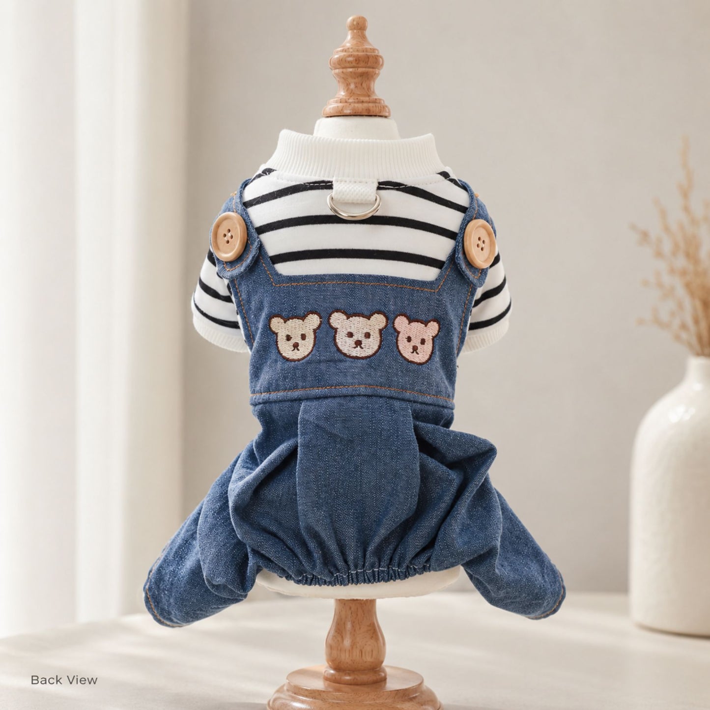 Bear Embroidered Denim Dog Overalls with Striped Shirt and D-Ring