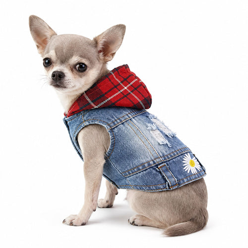 Blue Denim Dog Jacket with Red Plaid Hood and Daisy Embroidery – Small Dog Vest