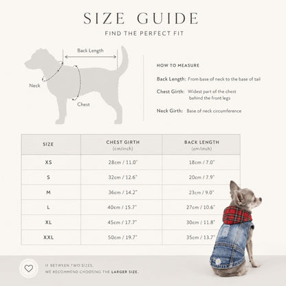 Blue Denim Dog Jacket with Red Plaid Hood and Daisy Embroidery – Small Dog Vest