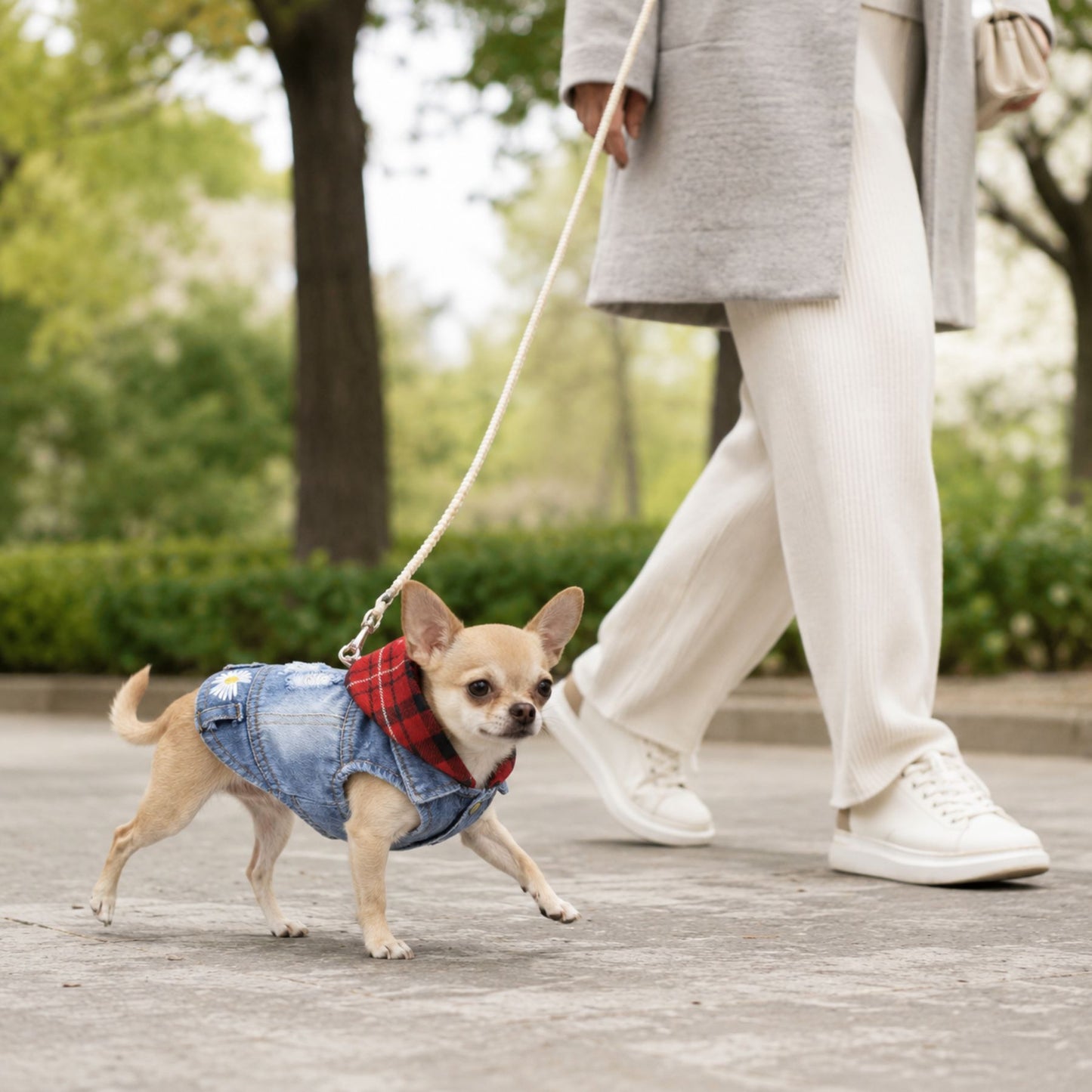Blue Denim Dog Jacket with Red Plaid Hood and Daisy Embroidery – Small Dog Vest