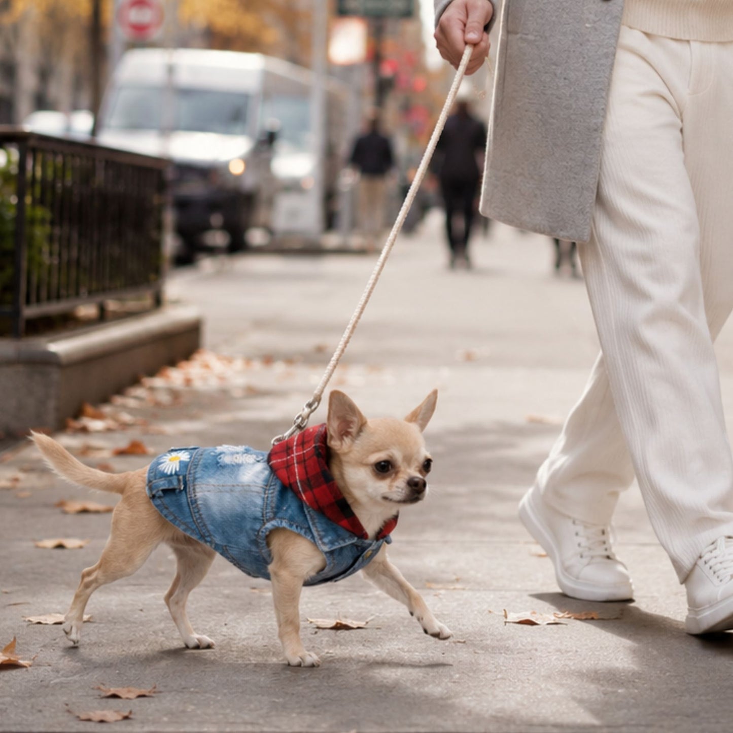 Blue Denim Dog Jacket with Red Plaid Hood and Daisy Embroidery – Small Dog Vest