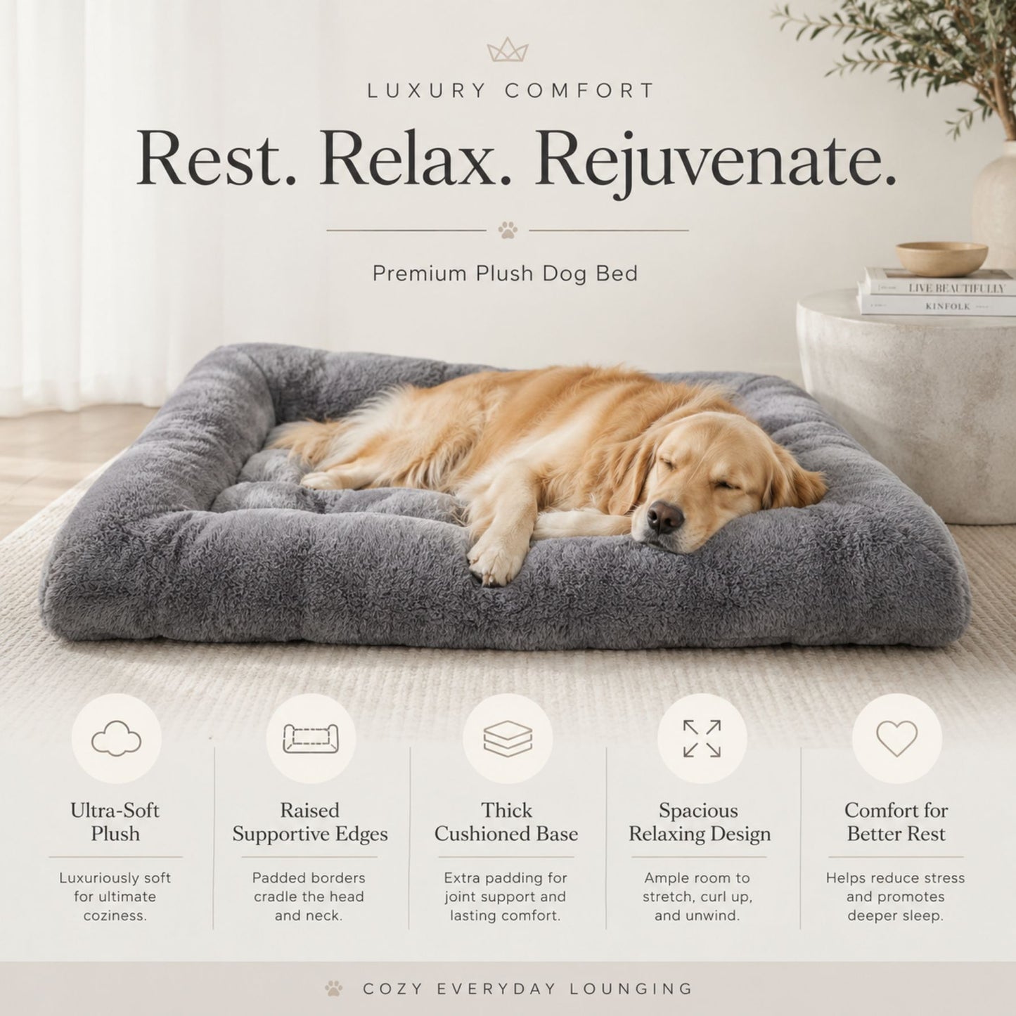 CloudRest Plush Dog Bed | Extra Soft Grey Pet Sofa Mat for Small, Medium & Large Dogs