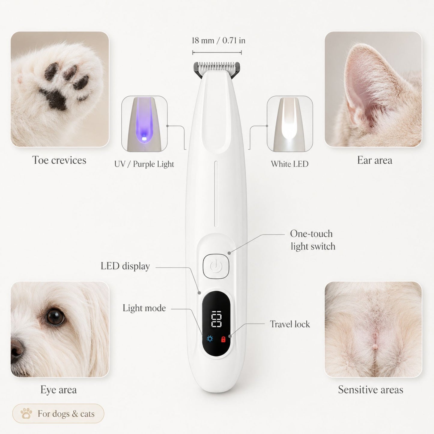 Cordless LED Pet Paw Hair Trimmer for Dogs and Cats – Precision Grooming Clipper