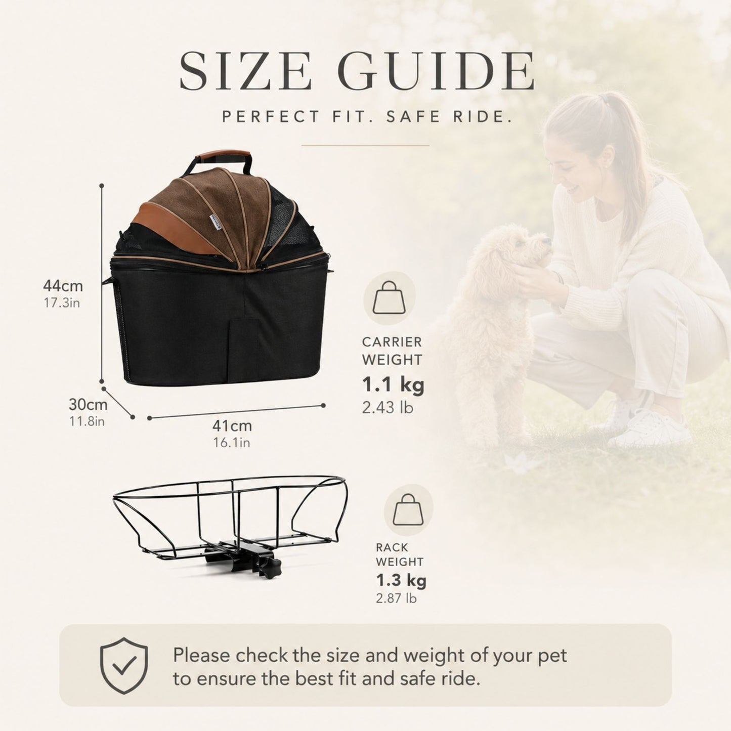 Dog Bike Basket Carrier with Rear Rack Mount, Portable Small Pet Bicycle Basket with Metal Frame