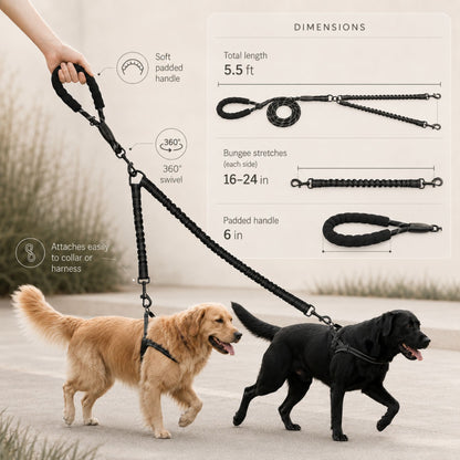 Dual Dog Lead Rope – Shock Absorbing Double Dog Leash with Comfort Handle