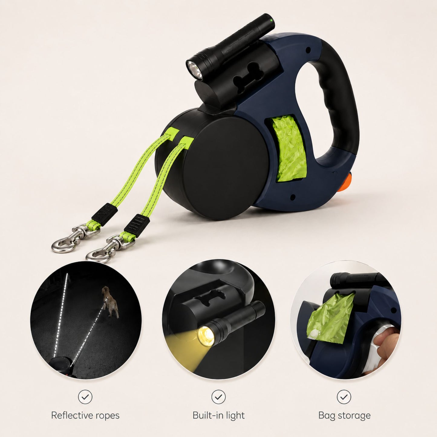 Dual Retractable Dog Leash with Built-In Flashlight and Waste Bag Holder