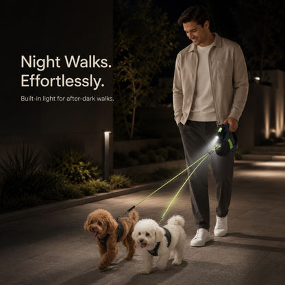 Dual Retractable Dog Leash with Built-In Flashlight and Waste Bag Holder