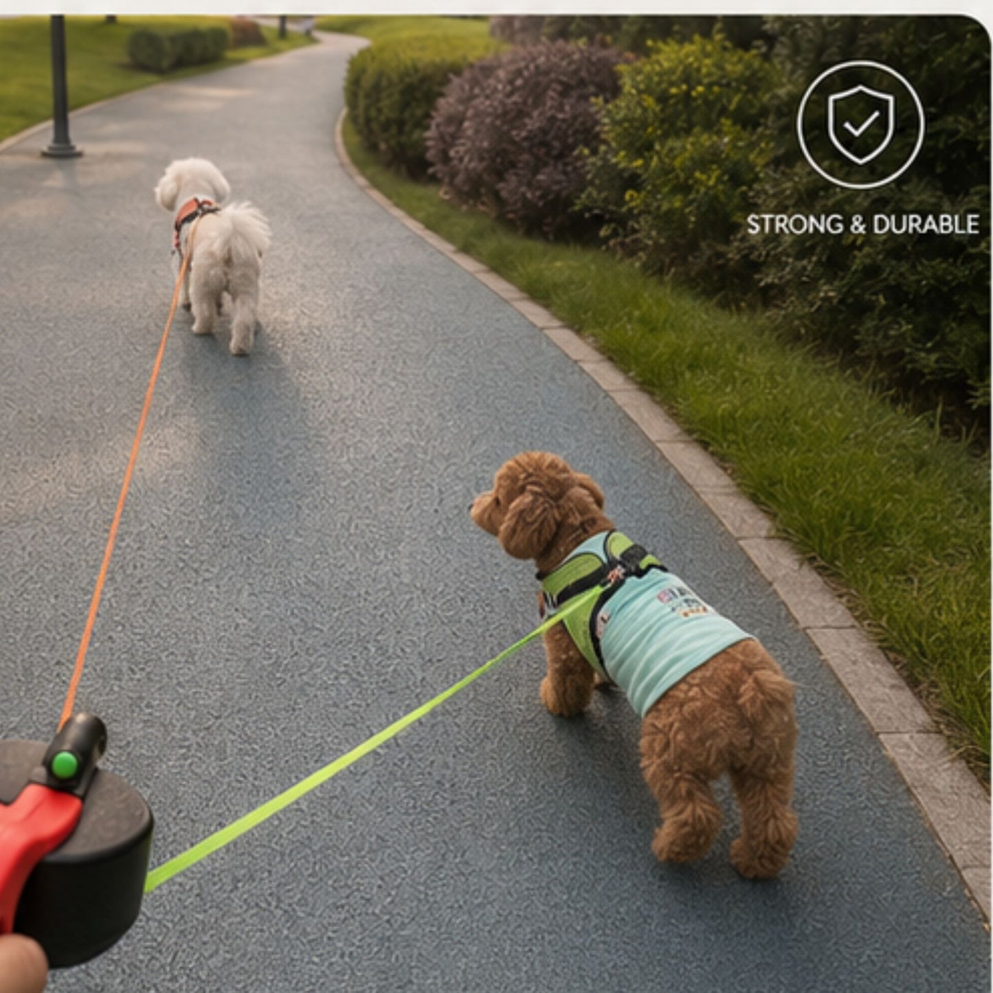 Dual Retractable Dog Leash with Built-In Flashlight and Waste Bag Holder