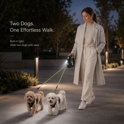 Dual Retractable Dog Leash with Built-In Flashlight and Waste Bag Holder