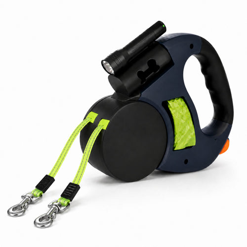 Dual Retractable Dog Leash with Built-In Flashlight and Waste Bag Holder