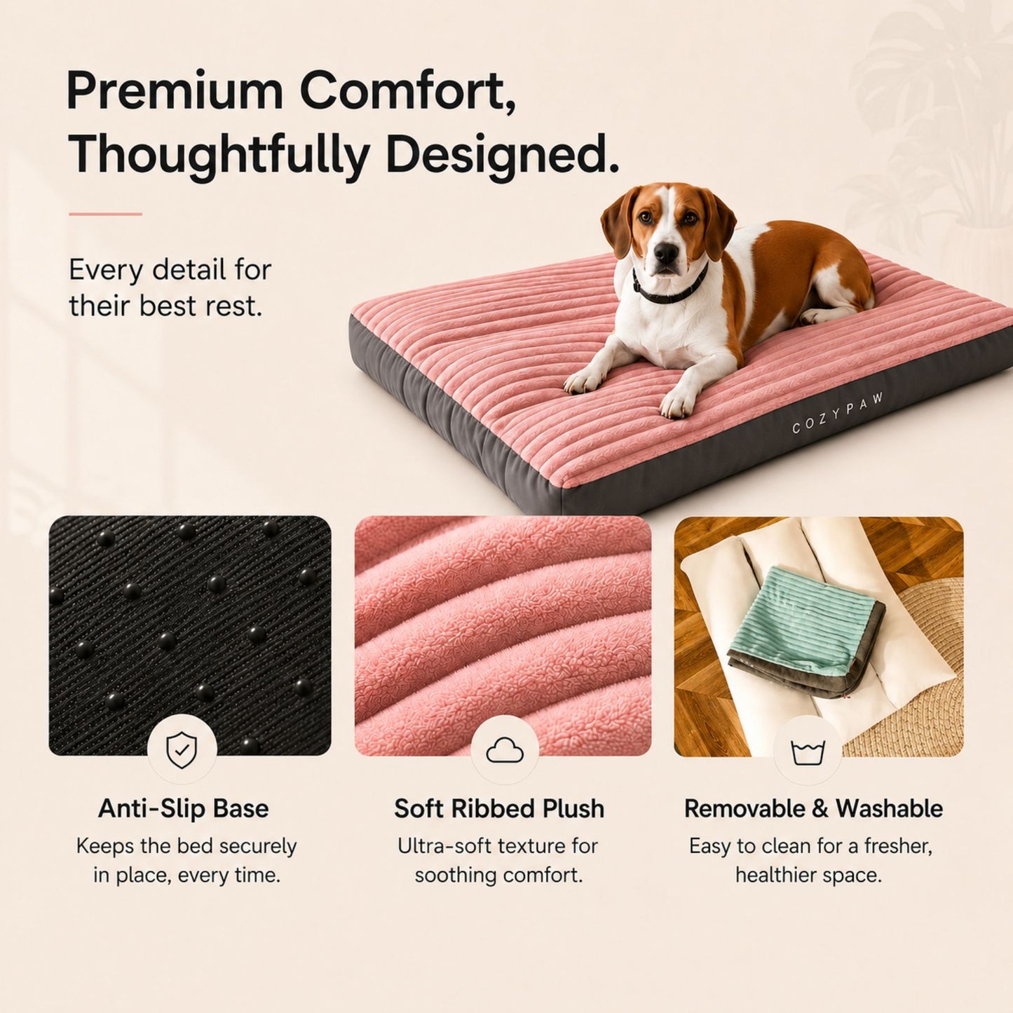 Extra Thick Washable Dog Bed Mat for Medium & Large Dogs – Ultra Soft Ribbed Plush Pet Mattress with Non-Slip Base