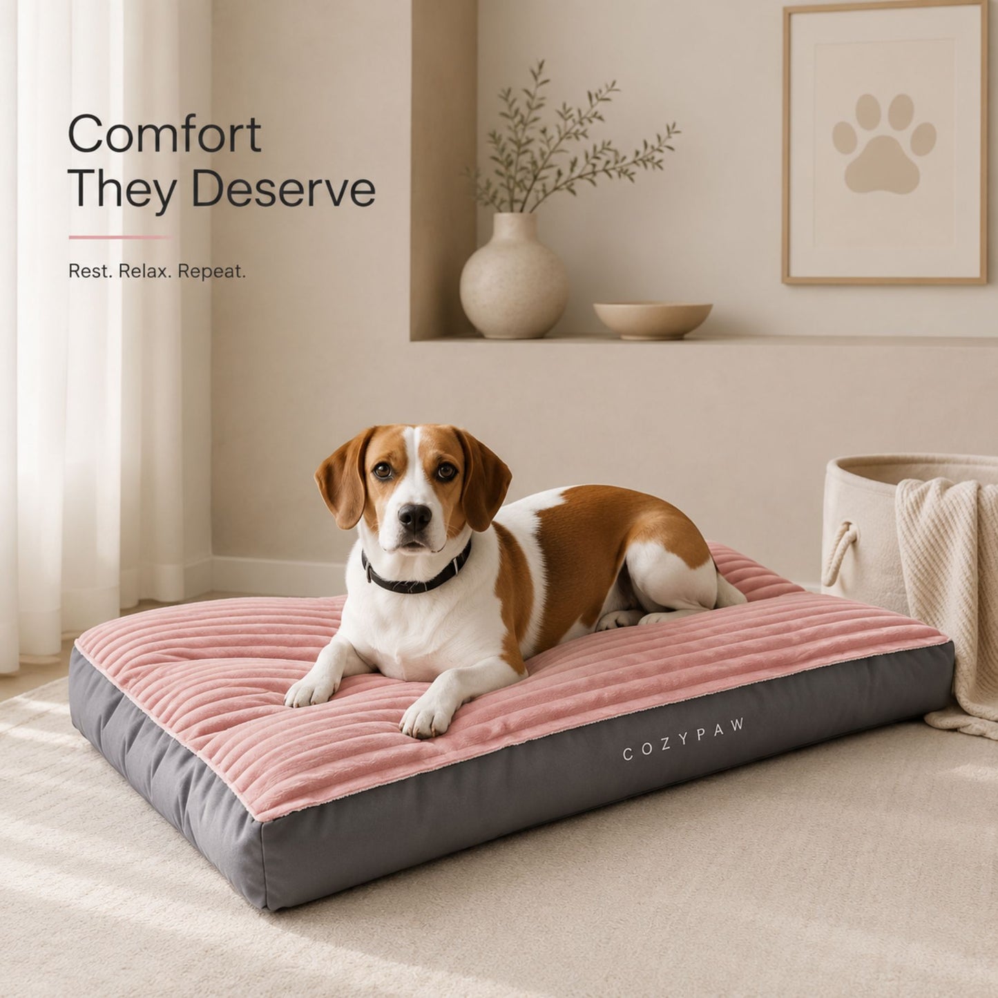 Extra Thick Washable Dog Bed Mat for Medium & Large Dogs – Ultra Soft Ribbed Plush Pet Mattress with Non-Slip Base