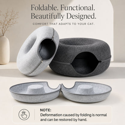 Foldable Round Felt Cat Tunnel Bed – Donut Cat Cave House with Play Tunnel for Cats & Kittens