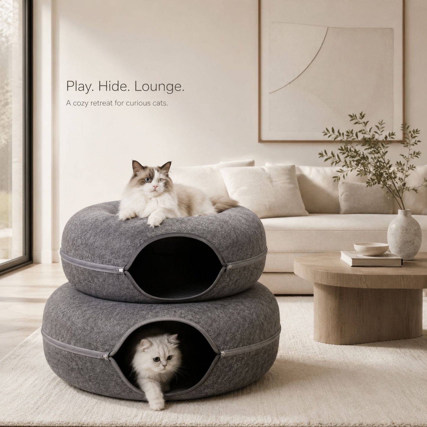 Foldable Round Felt Cat Tunnel Bed – Donut Cat Cave House with Play Tunnel for Cats & Kittens