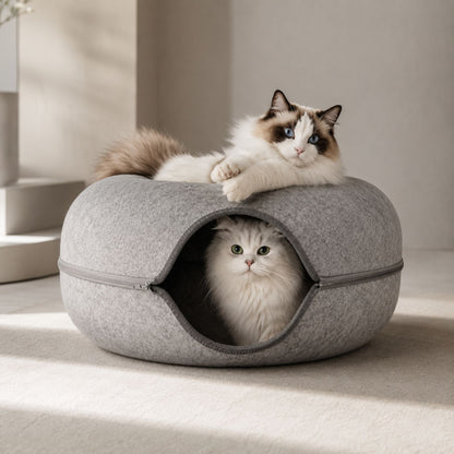 Foldable Round Felt Cat Tunnel Bed – Donut Cat Cave House with Play Tunnel for Cats & Kittens
