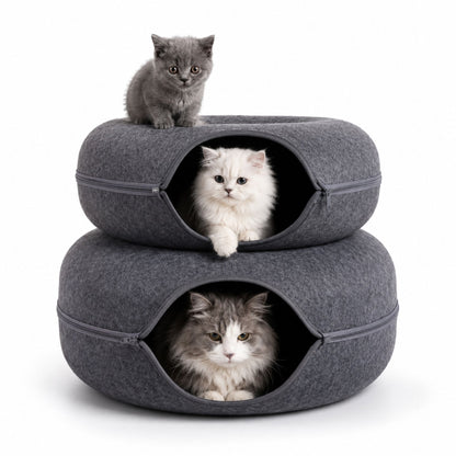 Foldable Round Felt Cat Tunnel Bed – Donut Cat Cave House with Play Tunnel for Cats & Kittens