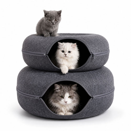 Foldable Round Felt Cat Tunnel Bed – Donut Cat Cave House with Play Tunnel for Cats & Kittens