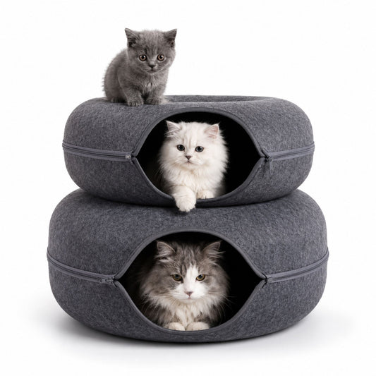 Foldable Round Felt Cat Tunnel Bed – Donut Cat Cave House with Play Tunnel for Cats & Kittens