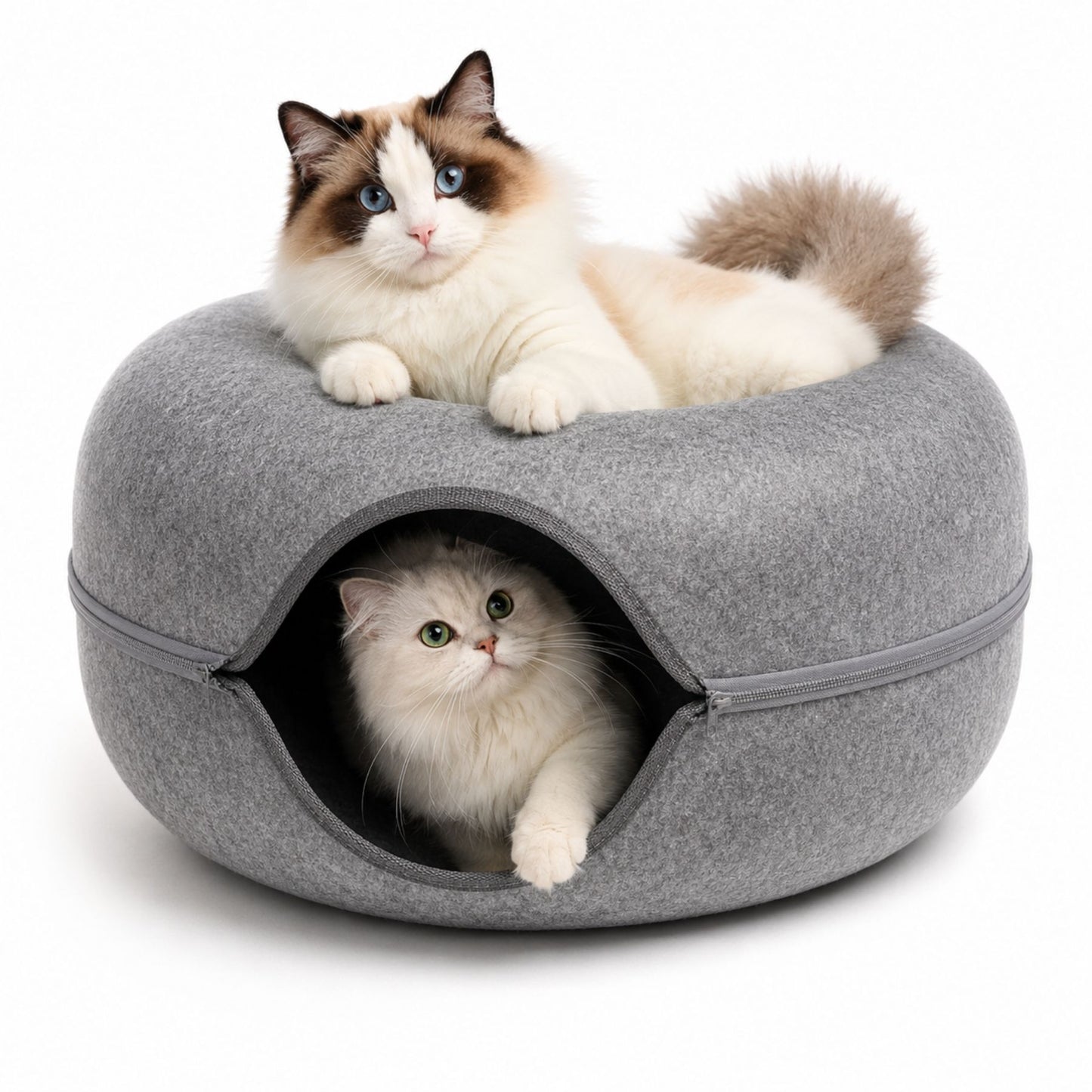 Foldable Round Felt Cat Tunnel Bed – Donut Cat Cave House with Play Tunnel for Cats & Kittens