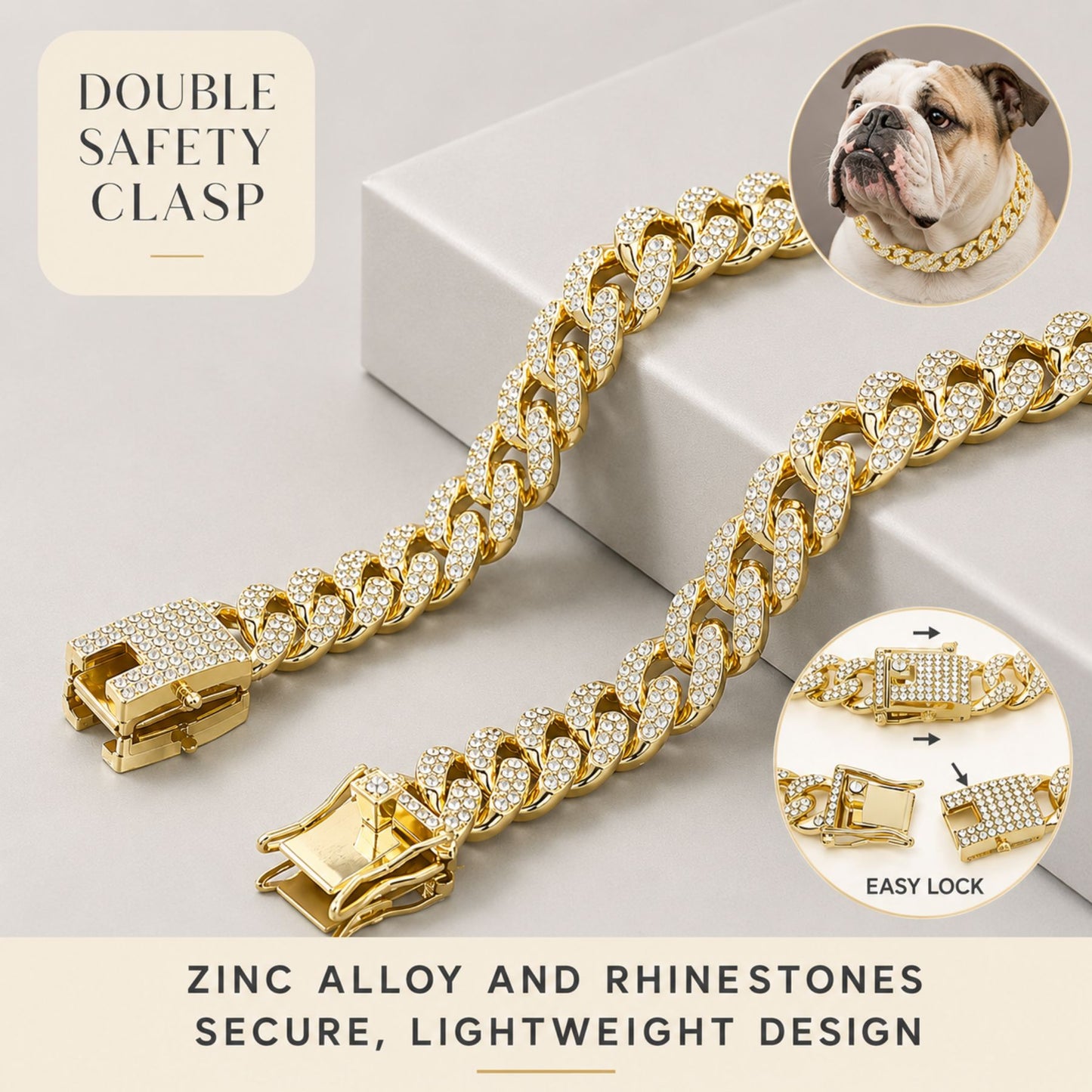 Gold-Tone Rhinestone Cuban Link Pet Chain Collar for Dogs and Cats – Decorative Pet Necklace