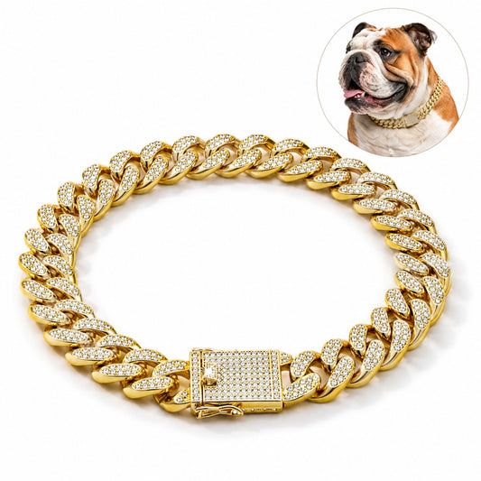 Gold-Tone Rhinestone Cuban Link Pet Chain Collar for Dogs – Decorative Pet Necklace