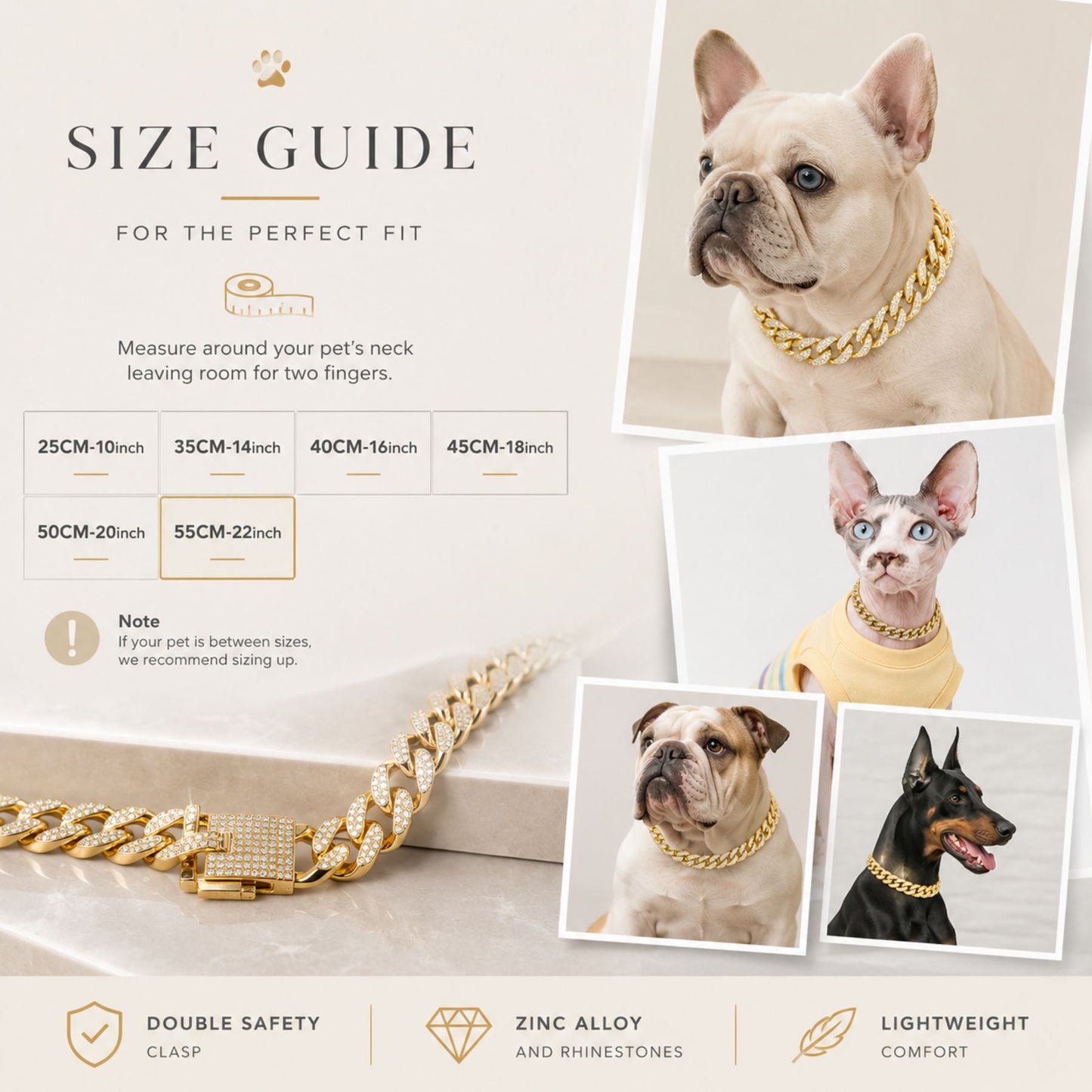 Gold-Tone Rhinestone Cuban Link Pet Chain Collar for Dogs and Cats – Decorative Pet Necklace