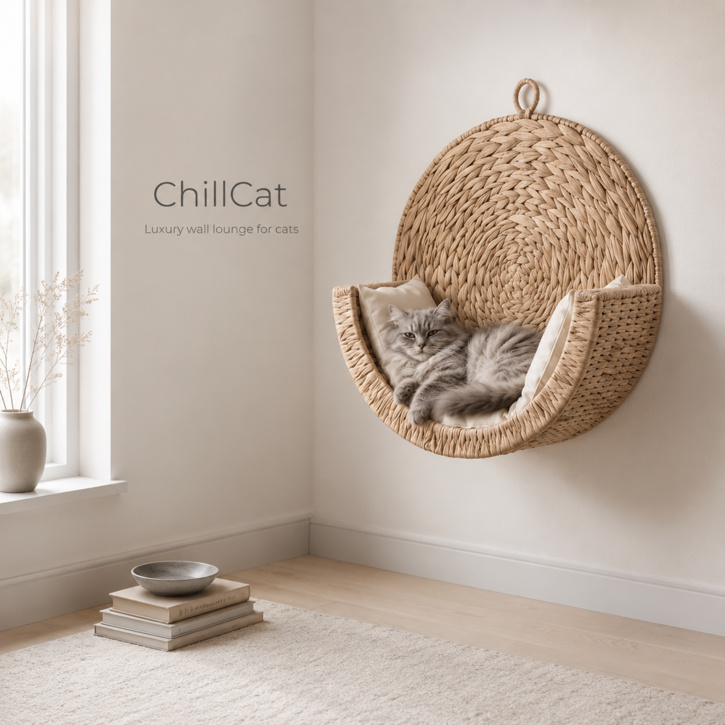 Handwoven Wall-Mounted Cat and Dog Bed with Cushion – Natural Woven Hanging Cat and Dog Bed, 40 cm