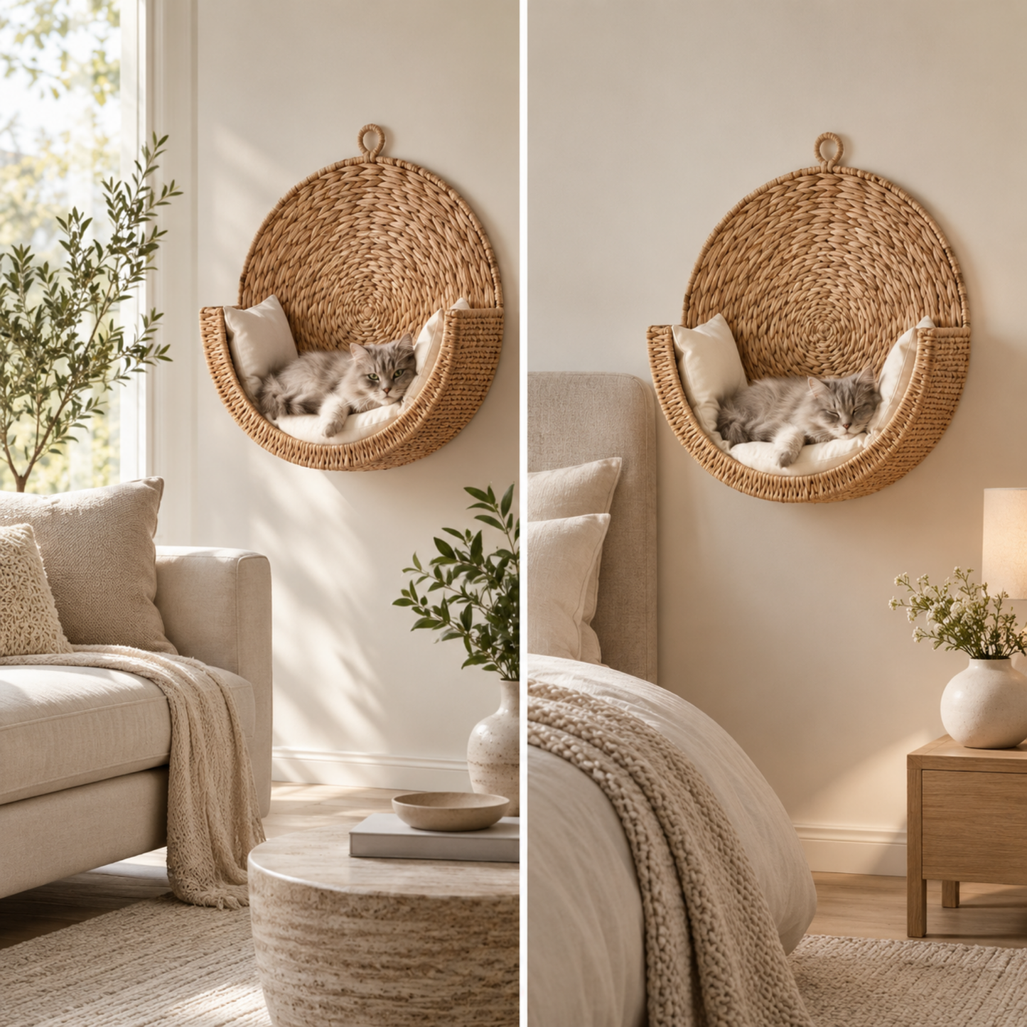 Handwoven Wall-Mounted Cat and Dog Bed with Cushion – Natural Woven Hanging Cat and Dog Bed, 40 cm