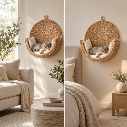 Handwoven Wall-Mounted Cat and Dog Bed with Cushion – Natural Woven Hanging Cat and Dog Bed, 40 cm