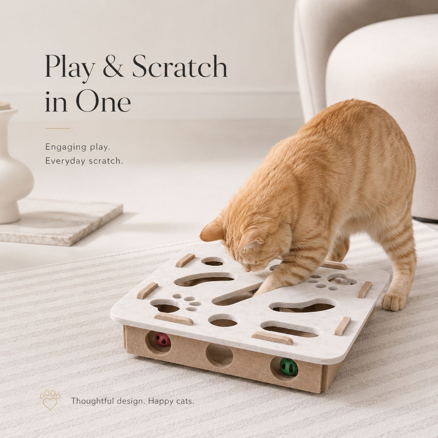 Interactive Cat Scratch and Play Board with Rolling Balls for Indoor Cats, Felt Activity Toy