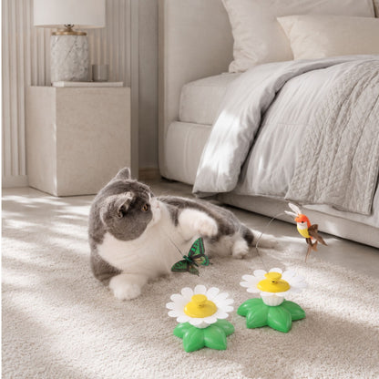 Interactive Flower Cat Toy with Swinging Butterfly and Bird Attachments, Rotating Teaser Toy for Indoor Cats