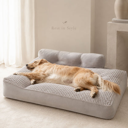 Large Grey Washable Pet Bed for Dogs and Cats, Soft Quilted Sofa Mat with Raised Backrest